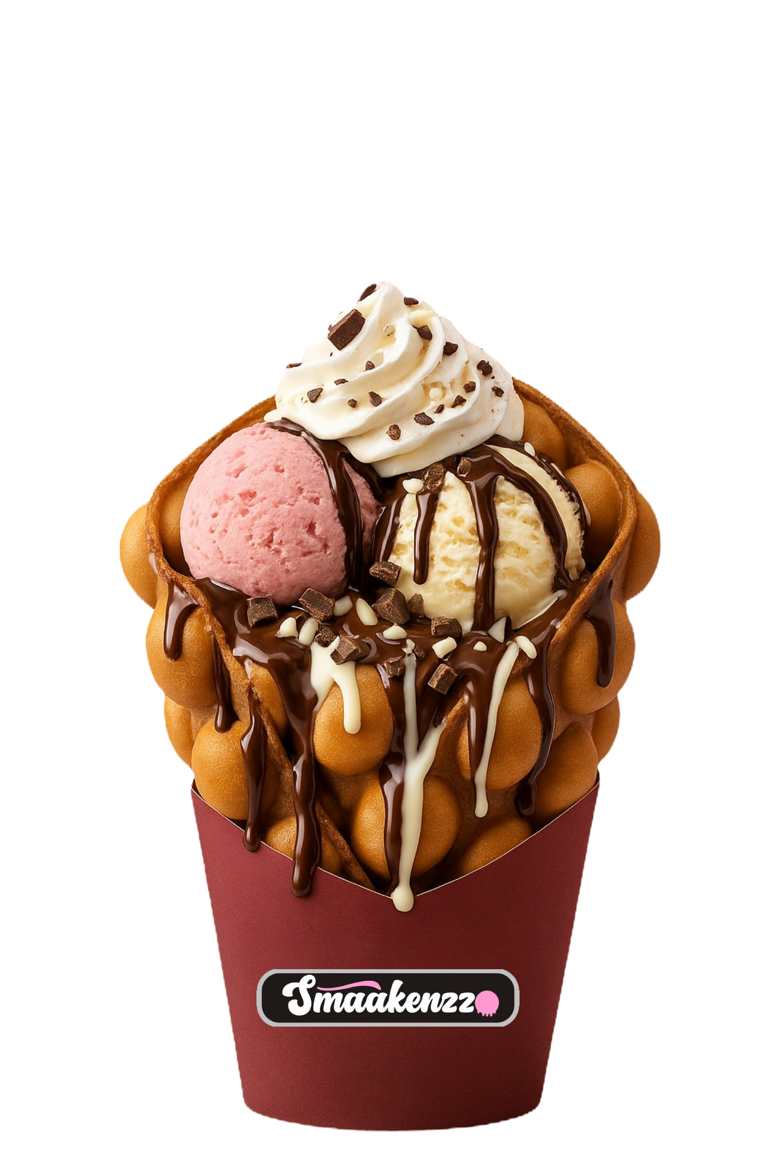 A bubble waffle in a deep red Smaakenzzo cup, filled with strawberry and vanilla scoops, cream and chocolate sauce