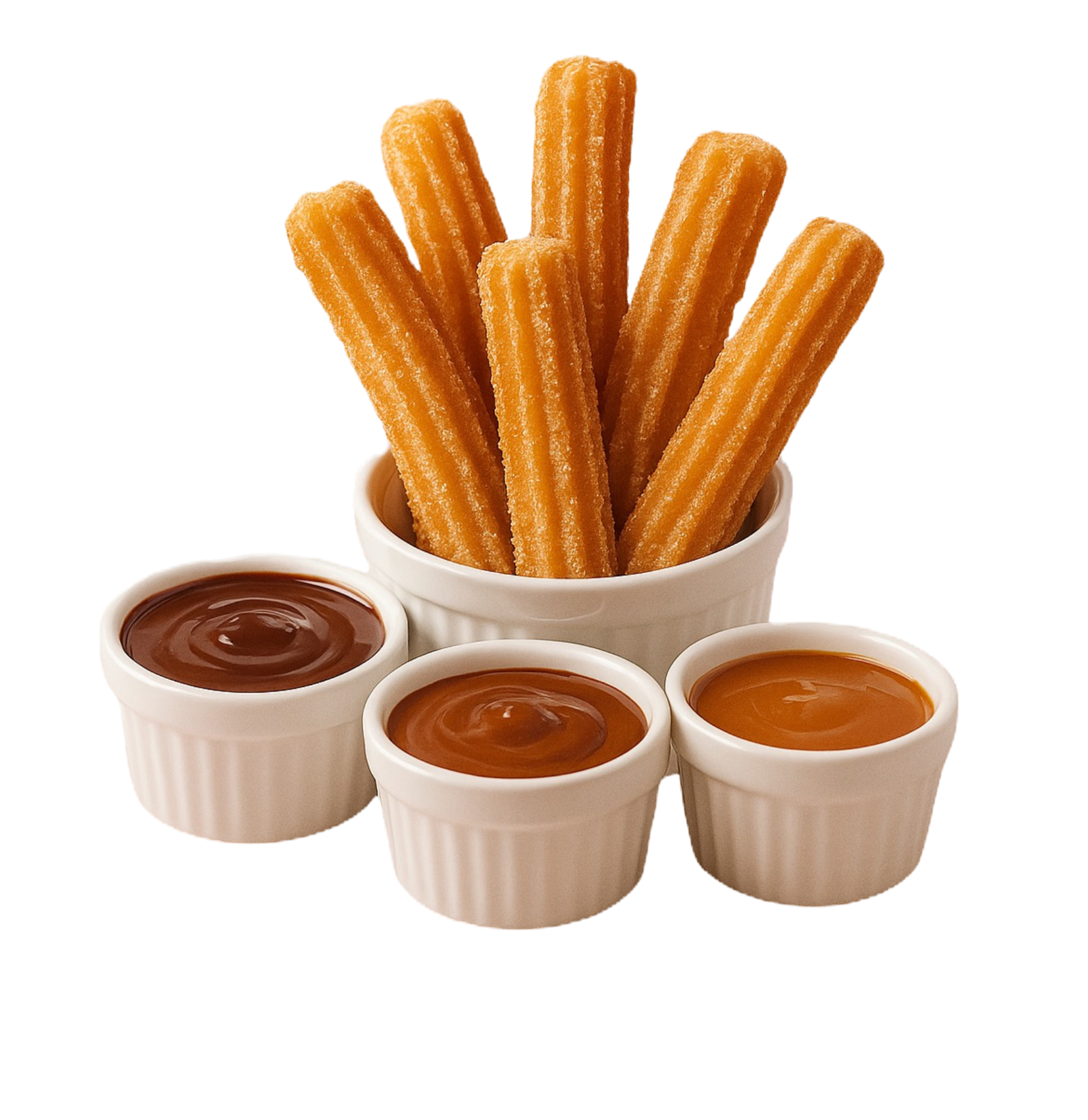 Five churros standing in a ramekin with three dipping pots of chocolate, caramel and butterscotch sauce