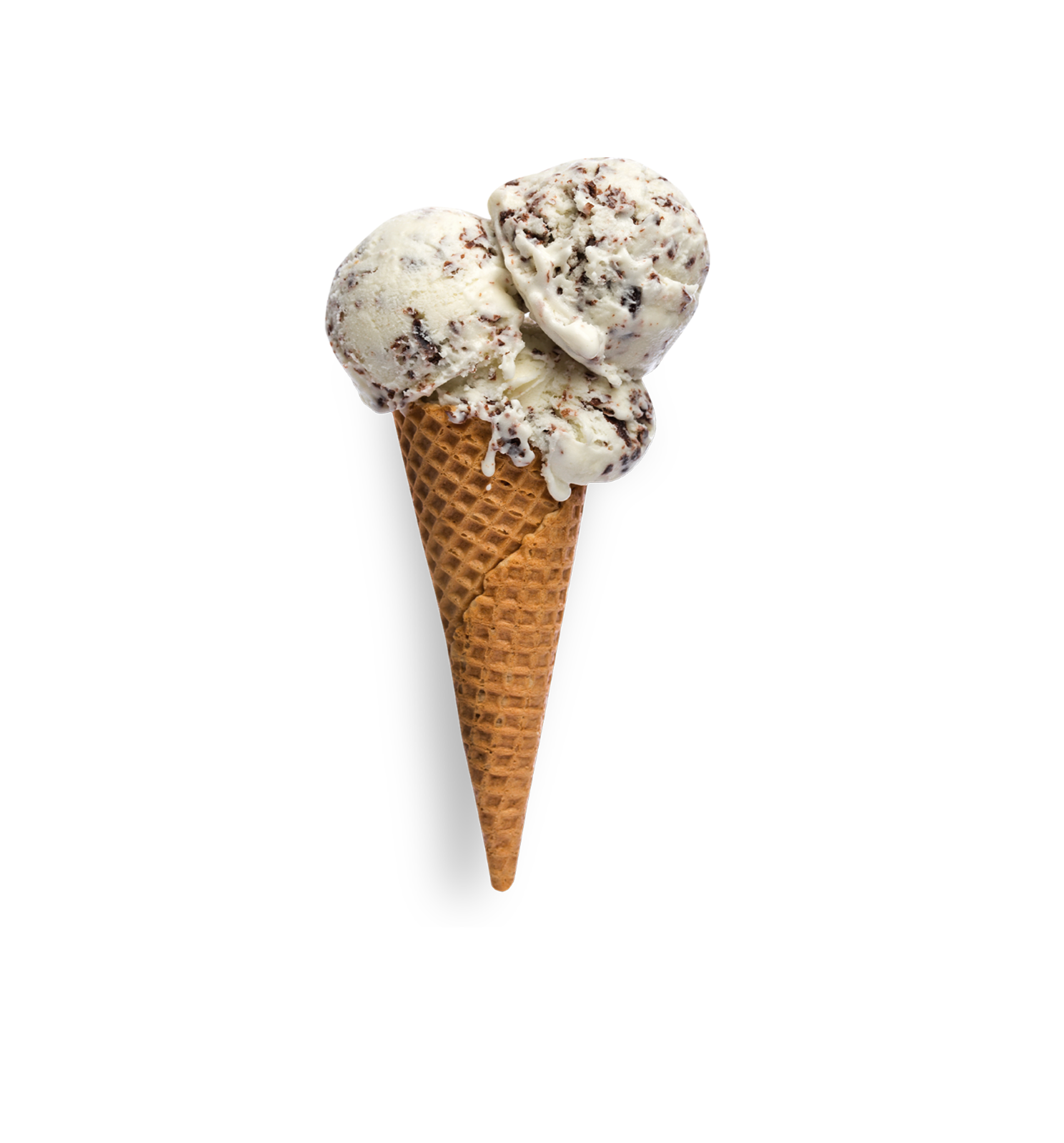 Three scoops of stracciatella ice cream stacked on a waffle cone
