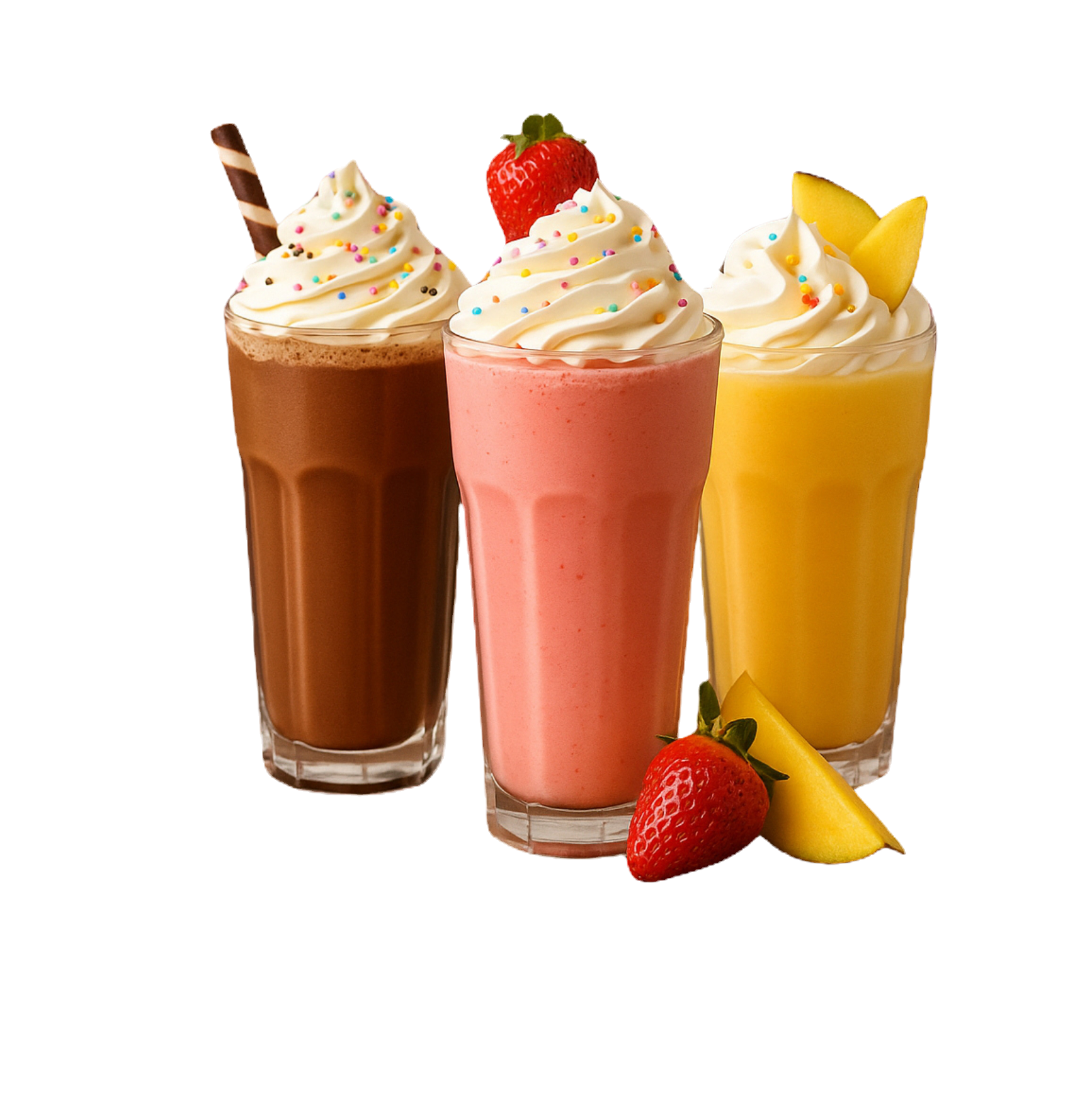Three milkshakes side by side — chocolate, strawberry and mango — each topped with cream and sprinkles
