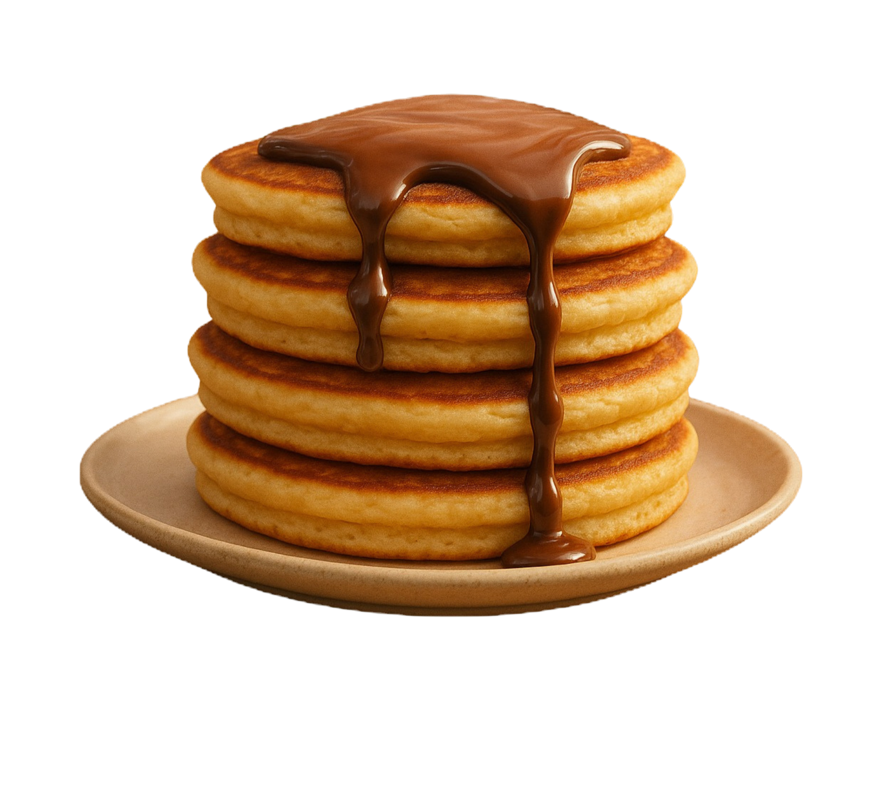 A stack of four mini pancakes on a plate under a caramel pour