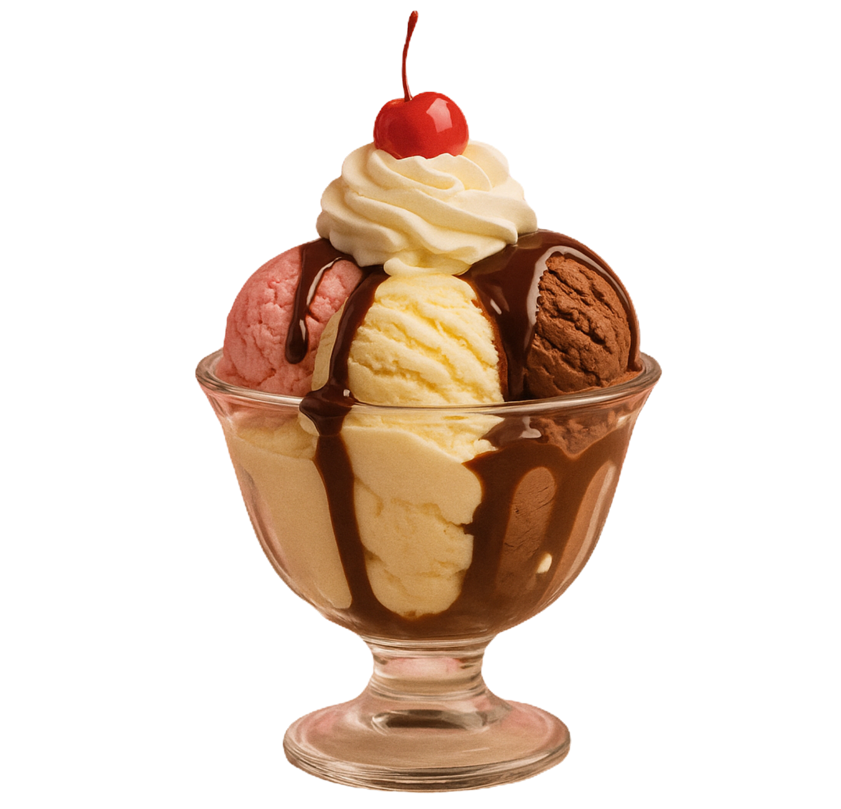 A three-scoop sundae in a footed glass with chocolate sauce, cream and a glacé cherry